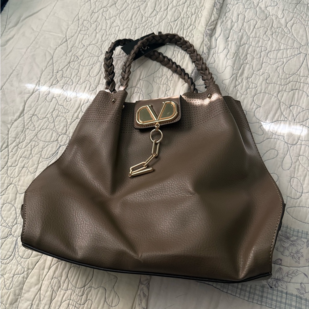 Brown VLogo Leather Tote Bag